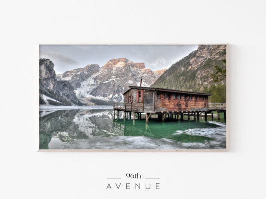 Mountain Lake Cabin Frame TV Art | Alpine Landscape Photo | Instant Download