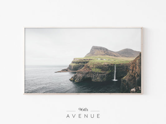 Múlafossur Coastal Cliff Waterfall Frame TV Art | Nordic Landscape | Instant Download
