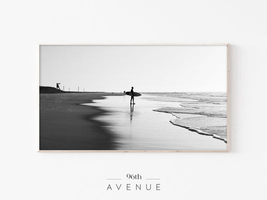 Surfer Beach Frame TV Art | Black White Coastal Photo | Instant Download