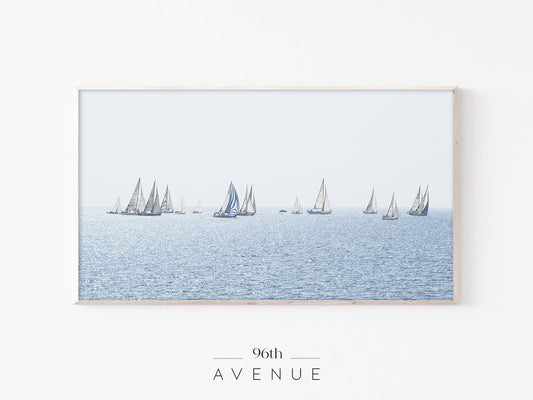 Sailboat Sea Frame TV Art | Coastal Minimal Ocean View | Instant Download