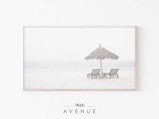 Beach Umbrella Chairs Frame TV Art | Minimal Coastal Scene | Instant Download