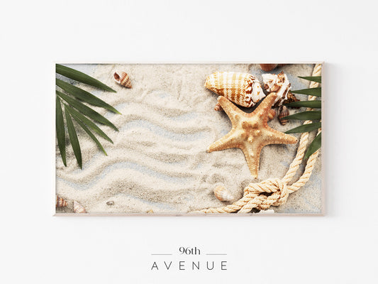 Seashell Starfish Frame TV Art | Coastal Sand Flatlay | Instant Download