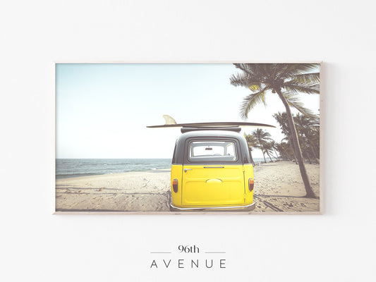 Yellow Surf Van Beach Frame TV Art | Retro Coastal Photo | Instant Download
