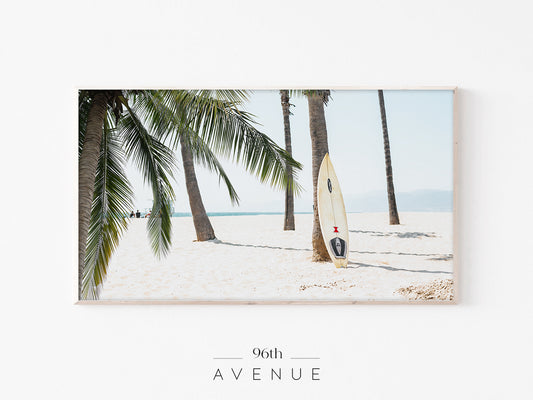 Surfboard Beach Frame TV Art | Tropical Palm Coastal Screensaver | Instant Download