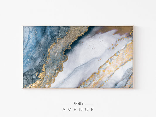 Abstract Marble Frame TV Art | Blue Gold Modern Texture | Instant Download