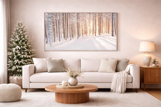 Snowy Forest Landscape Frame TV Art | Winter Sunlight Minimal Nature Photography | Instant Download