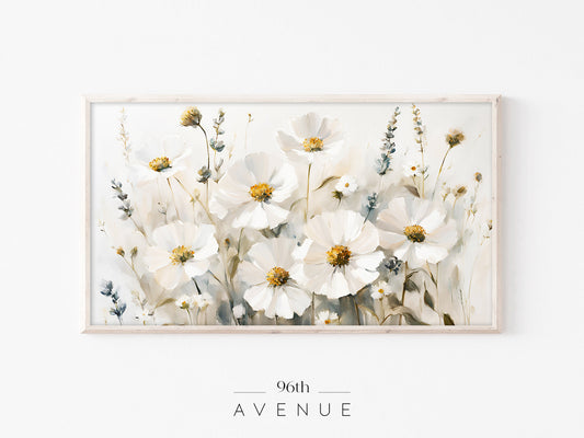 White Floral Frame TV Art | Soft Botanical Painting Instant Download