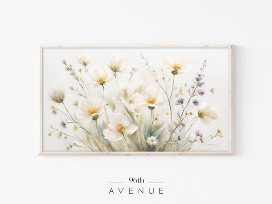 White Wildflowers Frame TV Art | Soft Meadow Painting Instant Download