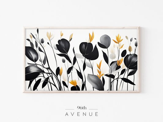 Modern Botanical Frame TV Art | Black Gold Leaves | Instant Download