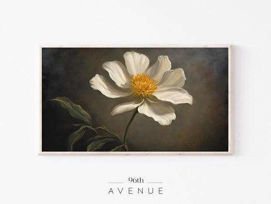 Vintage White Flower Frame TV Art – Floral Wall Display, Classic Oil Painting Style