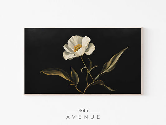 White Flower Frame TV Art | Dark Botanical Elegant Instant Download