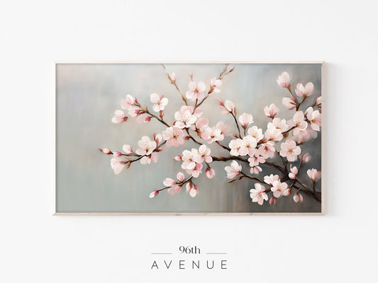 Cherry Blossom Frame TV Art | Soft Pink Floral Painting | Instant Download