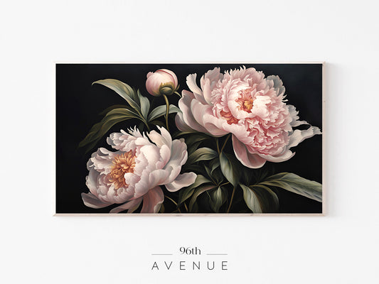 Peony Flowers Frame TV Art | Dark Floral Painting Instant Download