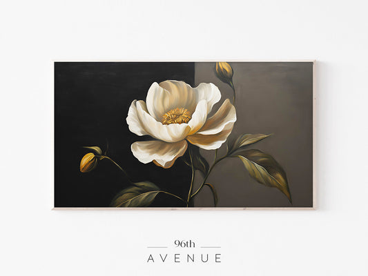 White Flower Frame TV Art | Dark Floral Oil Style | Instant Download