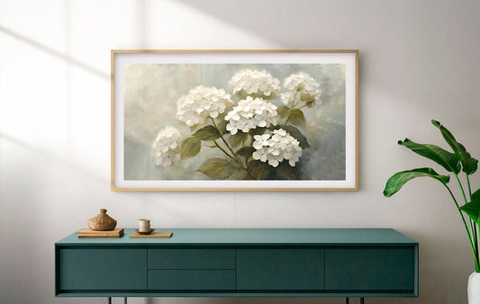 White Hydrangea Frame TV Art | Soft Botanical | Instant Download