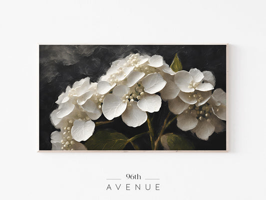 White Hydrangea Frame TV Art | Dark Floral | Instant Download