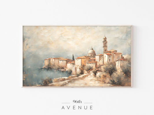 Coastal Village Frame TV Art | Mediterranean Seaside Painting | Instant Download