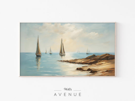 Sailboats Frame TV Art | Coastal Painting Beach Scene | Instant Download