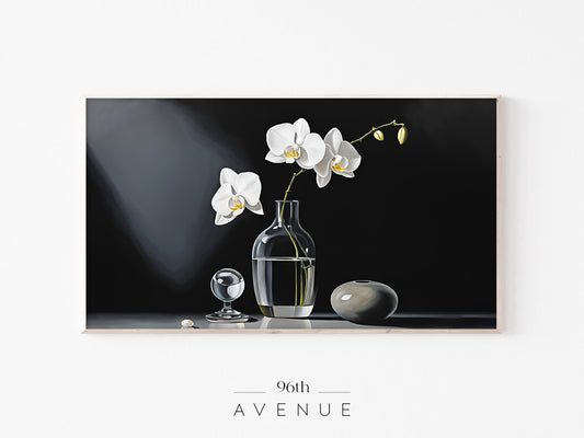 White Orchid Frame TV Art | Minimal Black Still Life | Instant Download