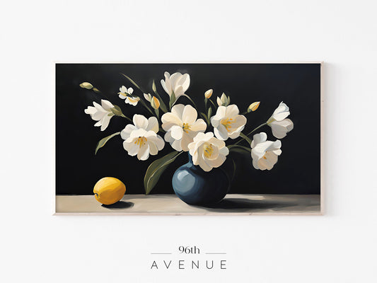 White Blossoms in Blue Vase Frame TV Art | Still Life Dramatic Light Painting
