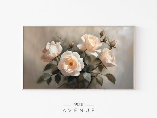 White Rose Bouquet Frame TV Art | Soft Romantic Floral Oil Painting