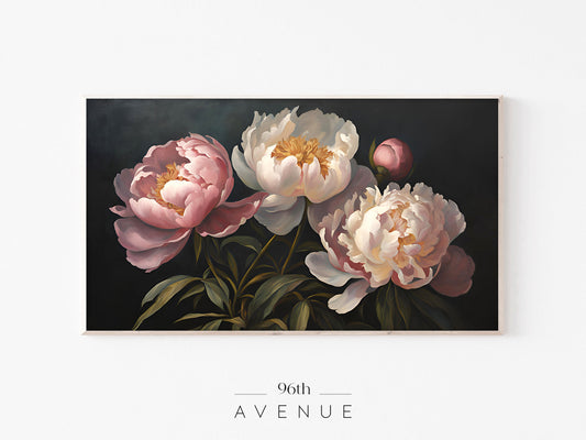 Peony Flowers Frame TV Art | Dark Floral Oil Painting | Instant Download