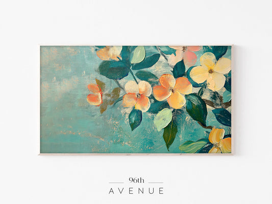 Floral Abstract Painting For Frame TV – Teal & Peach Vintage Painting - Instant Download