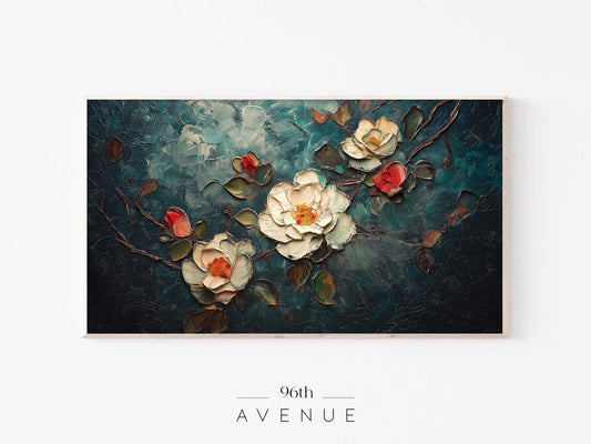 Textured Flowers Frame TV Art | Dark Teal Impasto Flower Painting | Instant Download