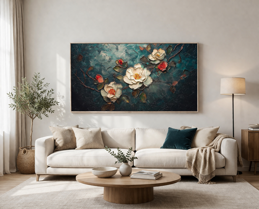 Textured Flowers Frame TV Art | Dark Teal Impasto Flower Painting | Instant Download