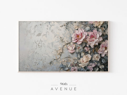 Textured Floral Frame TV Art | Romantic Vintage Plaster Painting - Instant Download