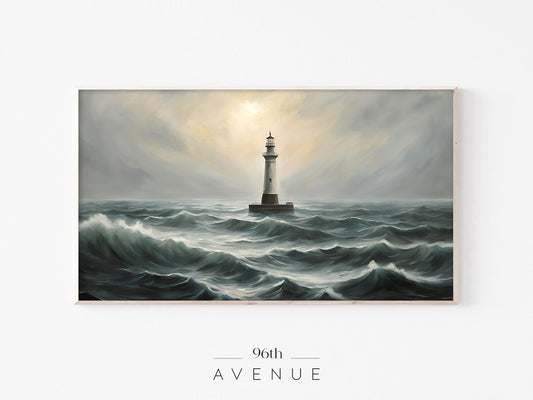 Lighthouse at Sea – Frame TV Art | Moody Coastal Seascape Painting - Instant Download