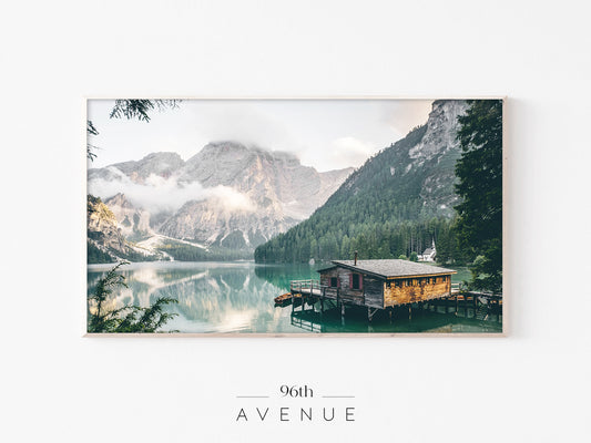Mountain Lake Cabin Frame TV Art | Scenic Alpine Landscape | Instant Download