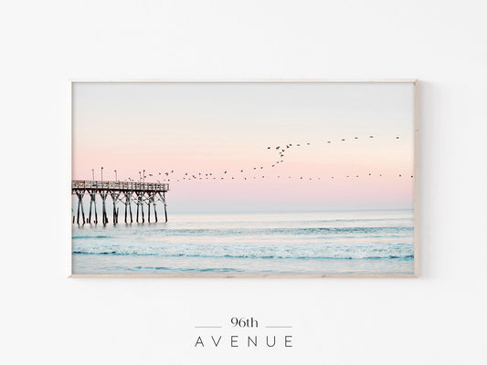Pier Ocean Birds Frame TV Art | Pastel Coastal Minimal Instant Download