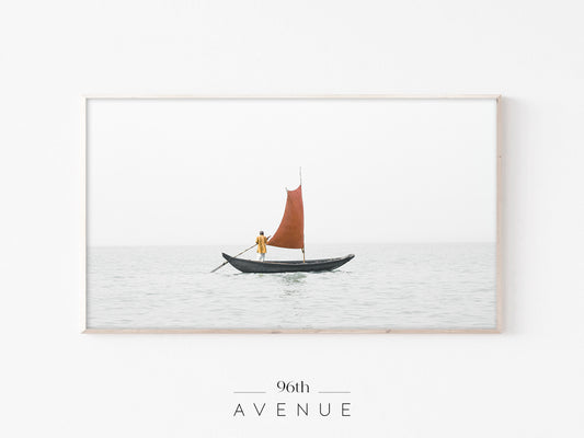 Sailboat Sea Frame TV Art | Minimal Horizon Red Sail Instant Download