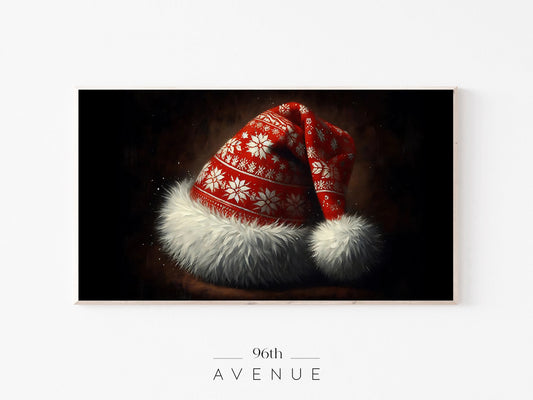 Red Santa Hat Frame TV Christmas Art – Festive Holiday Wall Display