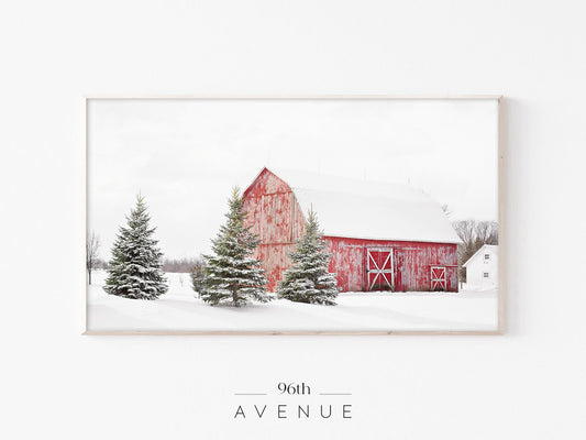 Winter Red Barn 4K Art for Frame TV | Nordic Art Instant Download